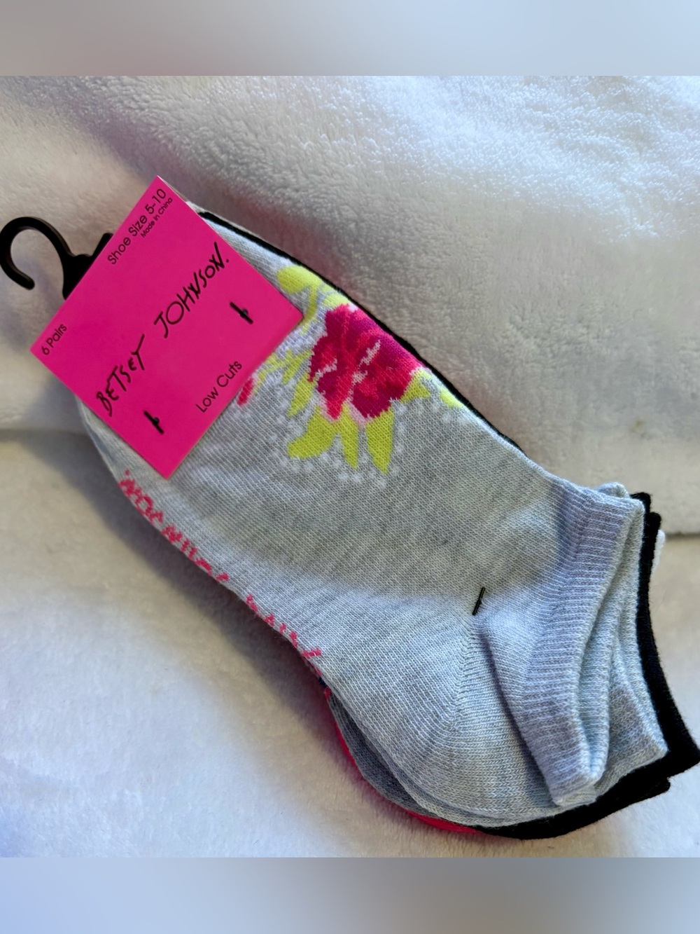 Betsey Johnson 6 Pair Low-Cut Socks with Pink & Yellow Floral Accent